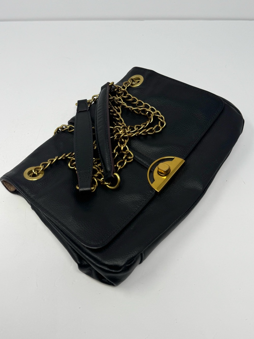 Antonio Melani Black Leather Crossbody Shoulder Purse Bag w/ Gold Chain Strap - Picture 2 of 15